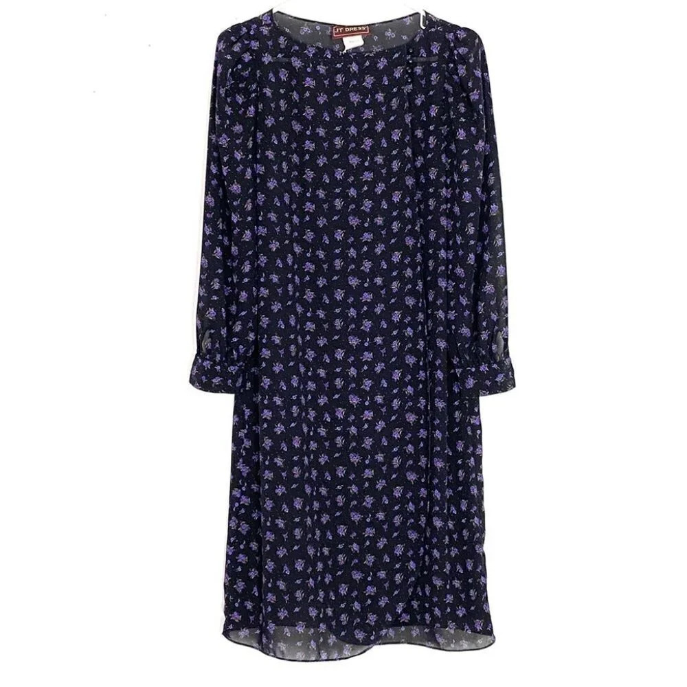 Vintage 80s Floral Black Purple Sheer Long Sleeve Wrap Dress Size 6 / Small